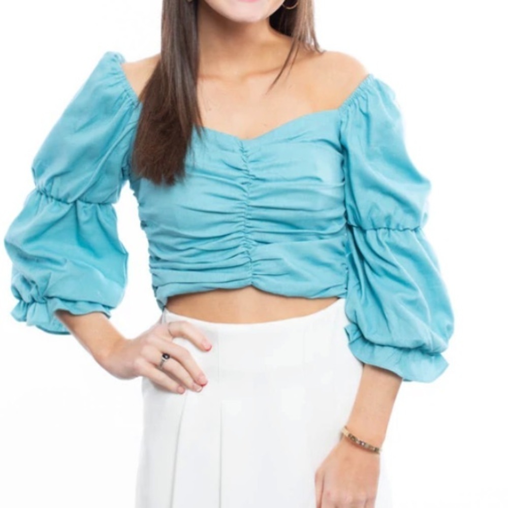 Do + Be Cabana Blue Ruched Puff Sleeve Smocked Top Size M